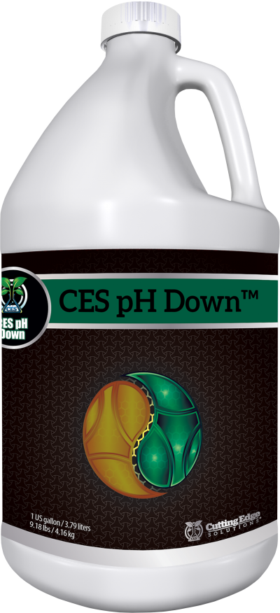 One gallon bottle of CES pH Down buffer solution on white background